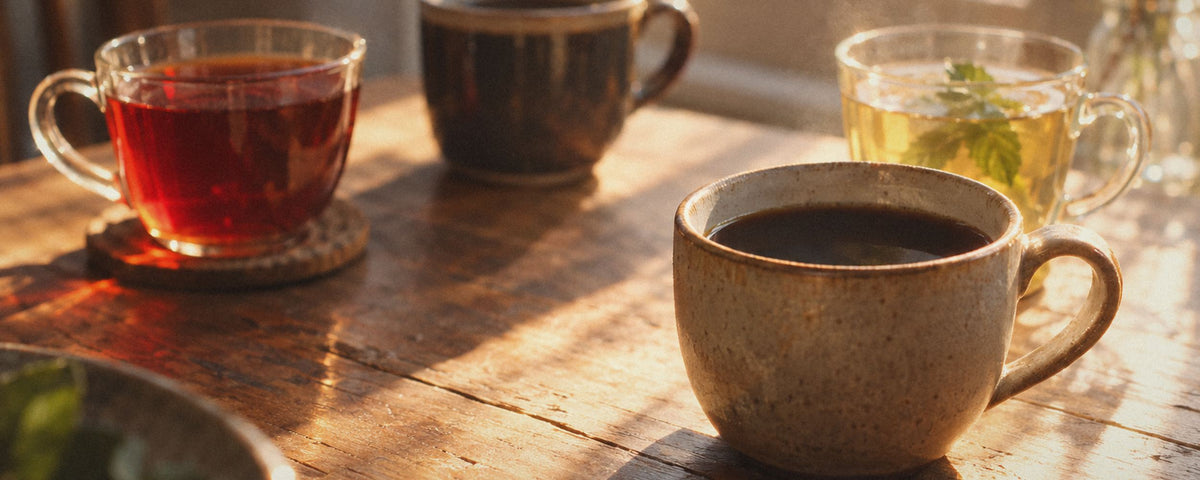 Quatre boissons chaudes sur une table en bois près d'une fenêtre ensoleillée : une tasse de boisson sombre au premier plan, un rooibos, une chicorée et une infusion à l'arrière.