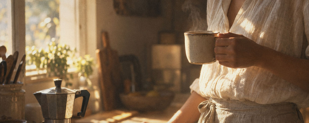 Une personne debout dans une cuisine baignée de soleil matinal, une tasse fumante à la main, à côté d'une cafetière italienne posée sur le feu.