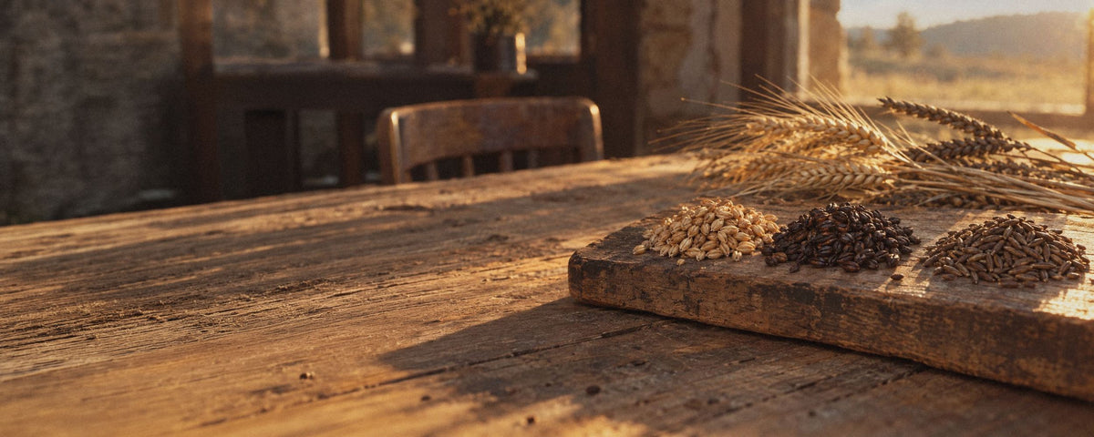 Trois petits tas de grains sur une vieille planche en bois, orge maltée, orge torréfiée et seigle torréfié, devant des épis d'orge et de seigle séchés
