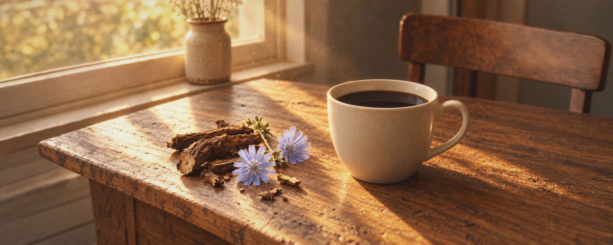 Une tasse de chicorée sombre sur une vieille table en bois traversée par le soleil, à côté de racines de chicorée torréfiées et de deux fleurs de chicorée bleues, près d’une fenêtre.