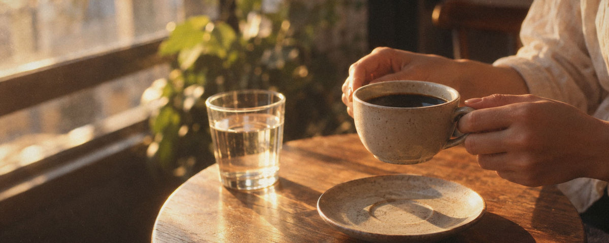 Deux mains soulèvent une tasse de café de sa soucoupe sur une petite table ronde en bois, à côté d'un verre d'eau, dans la lumière rasante de fin d'après-midi.