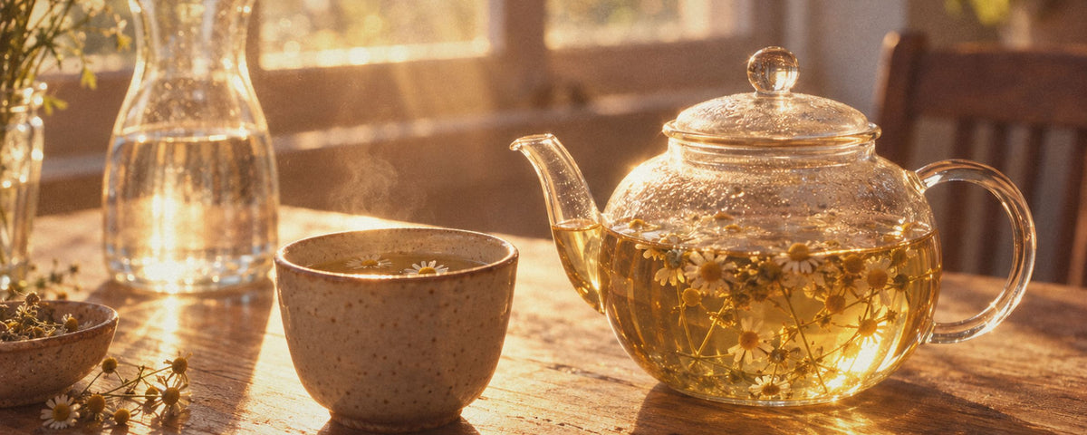 Une théière en verre d'infusion de camomille dorée, une tasse en céramique et une carafe d'eau sur une table en bois traversée par le soleil du matin.