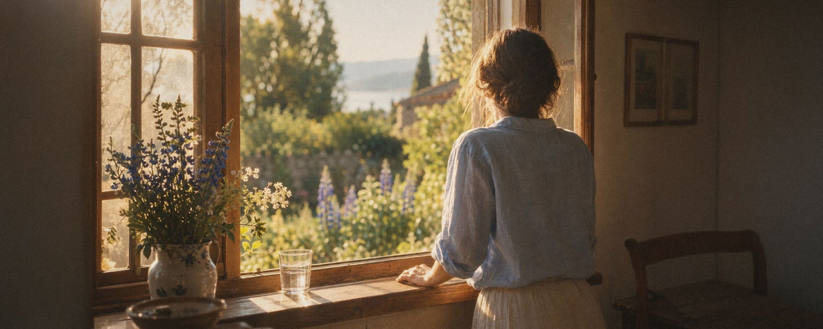 Une femme vue de dos, une main posée sur le rebord d’une fenêtre ouverte sur un jardin fleuri de lupins bleus, un verre d’eau et un bouquet sur le rebord, dans la lumière de l’après-midi.