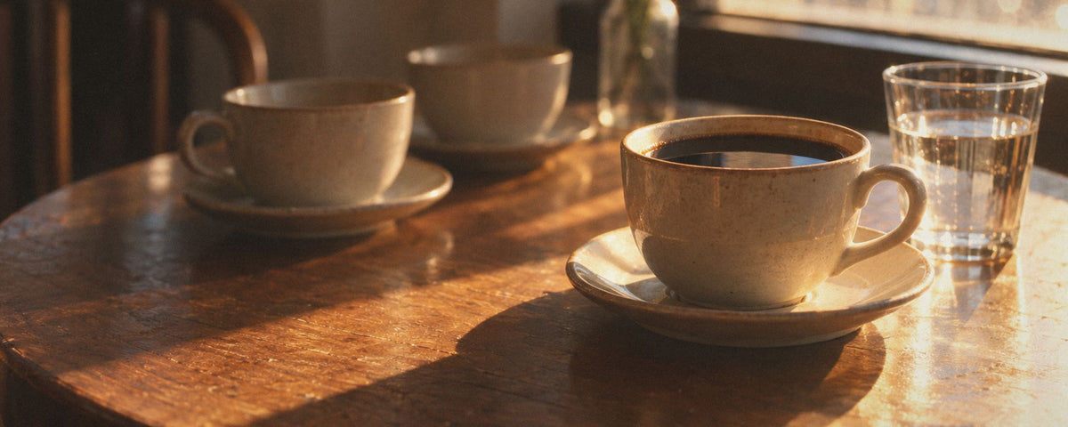 Une tasse pleine sur sa soucoupe au premier plan d'une table ronde en bois, deux tasses vides en arrière-plan et un verre d'eau, dans la lumière de l'après-midi.