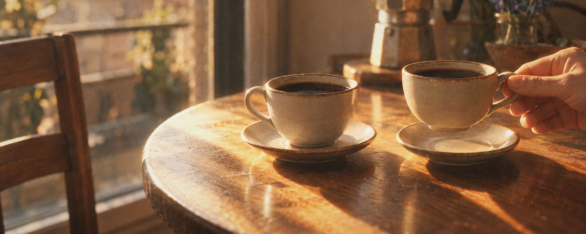 Deux tasses identiques de boisson sombre sur une petite table ronde en bois au soleil, une main soulève l'une des deux, une cafetière italienne et des lupins en arrière-plan.