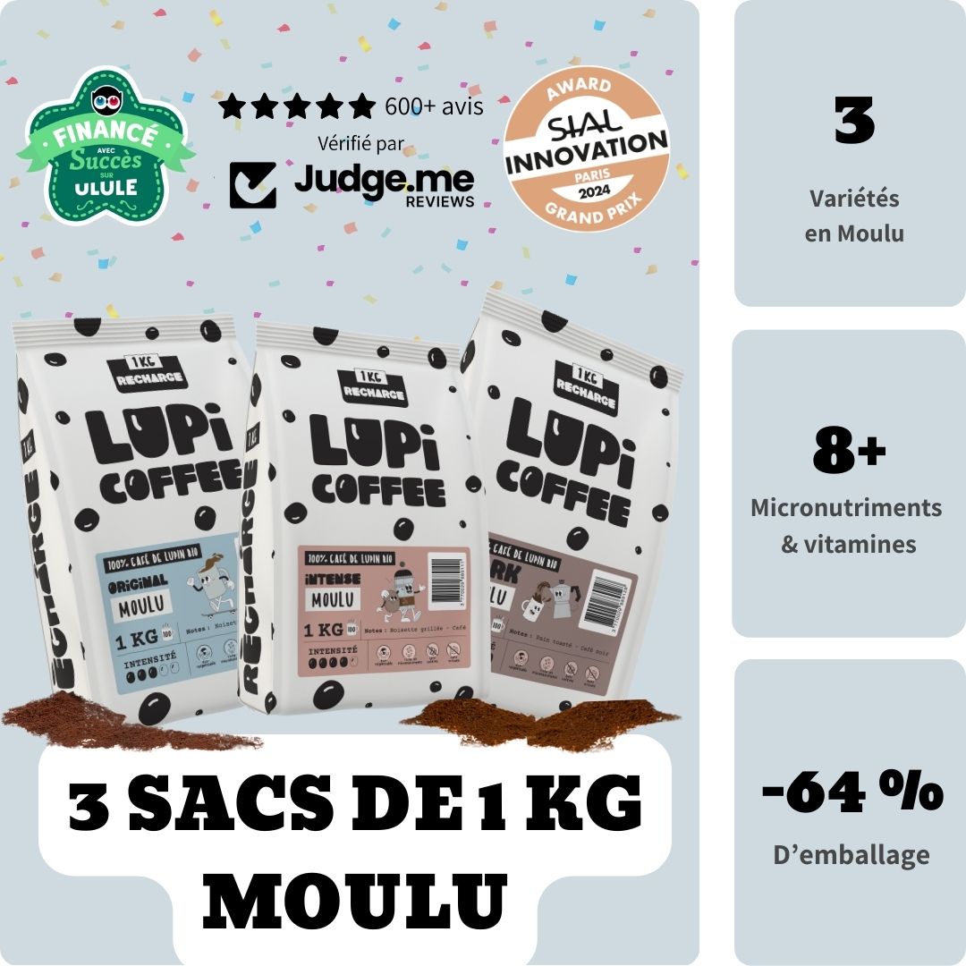 Lupi 3 RECHARGES - Original, Intense, Dark Moulu -  3 x1 kg de Café de lupin bio