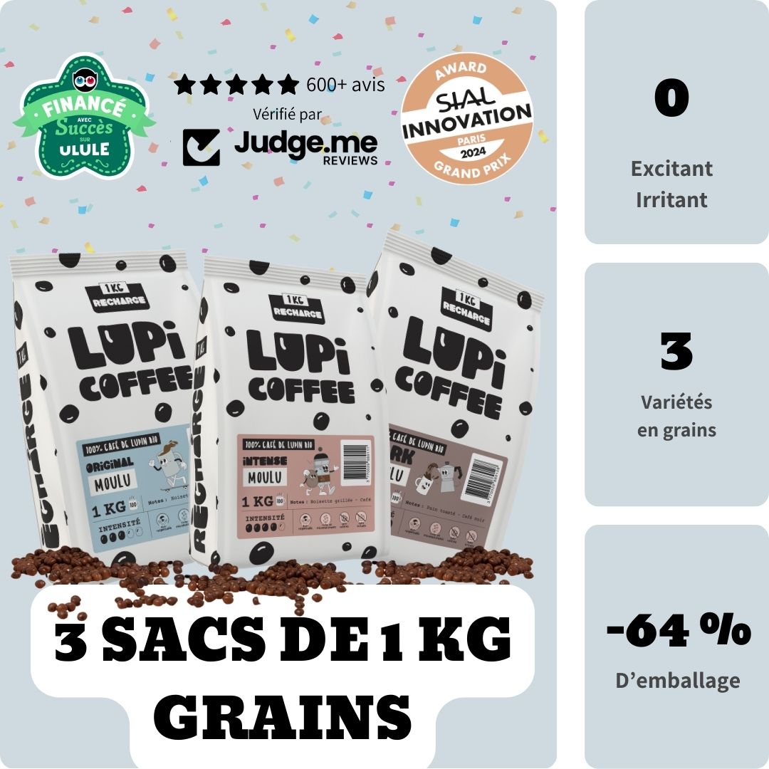 Lupi 3 RECHARGES - Original, Intense, Dark Grains -  3 x1 kg de Café de lupin bio